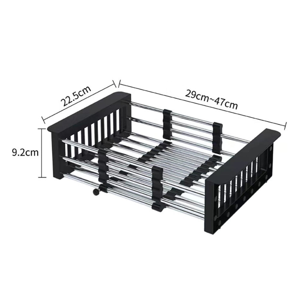 Black dish rack with metal shelves on a white background with measurements