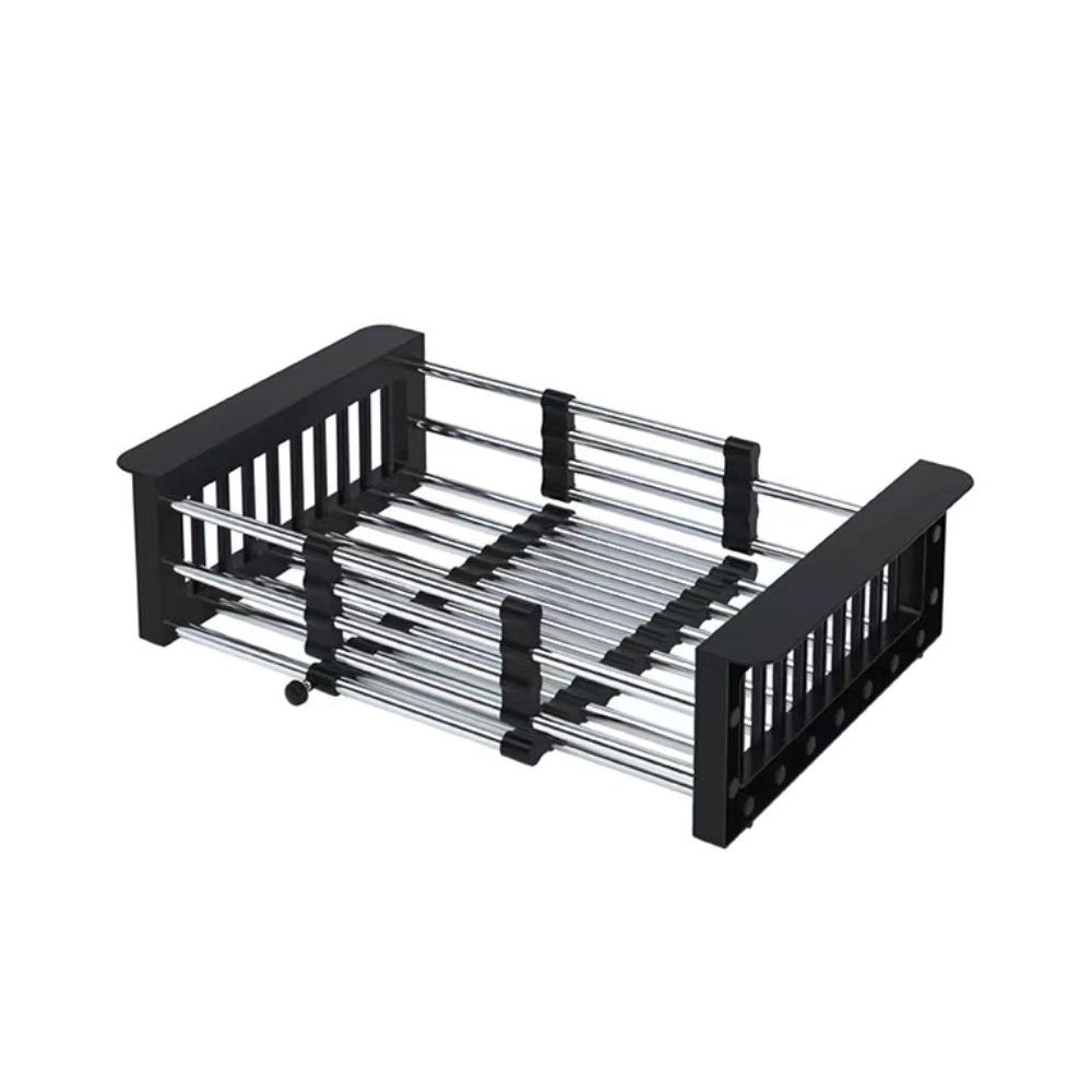 Black dish rack with metal shelves on a white background