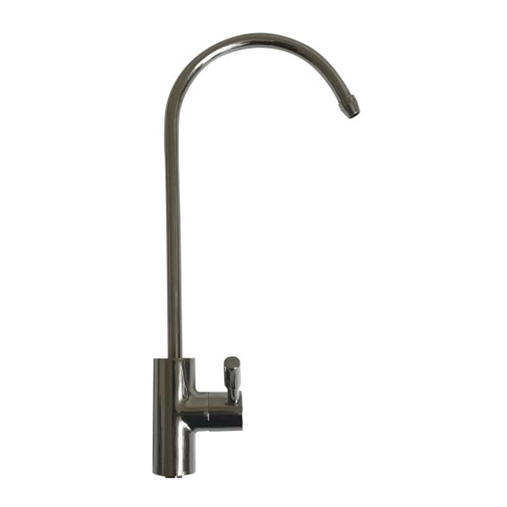 Modern kitchen faucet with curved spout on a white background