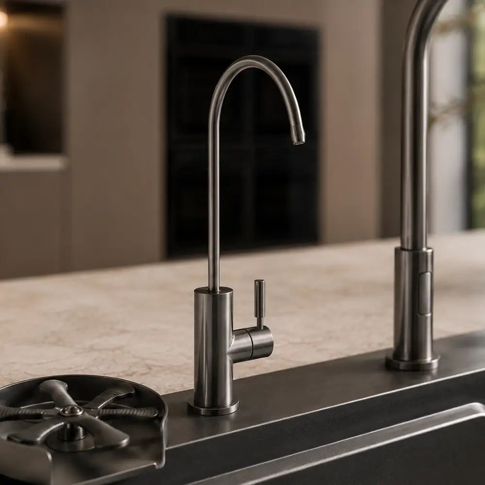 Stainless steel kitchen faucet on a modern kitchen sink with blurred background