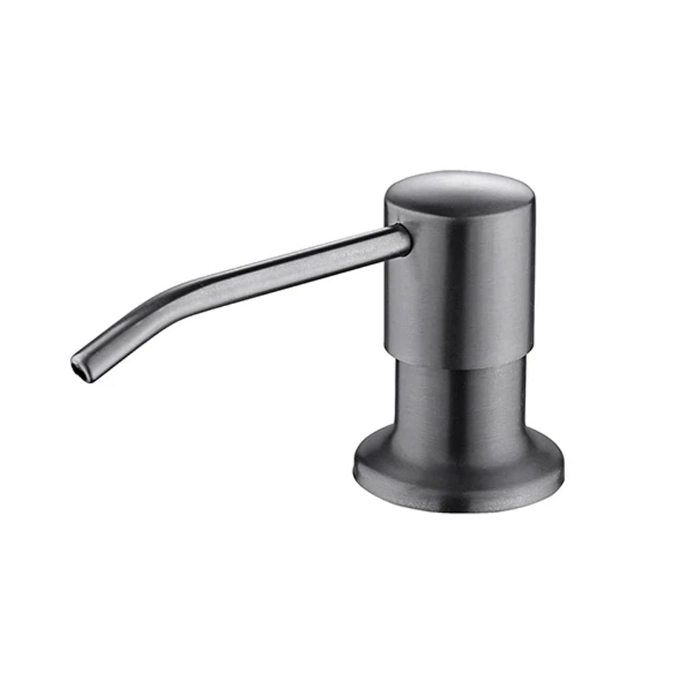 Stainless steel soap dispenser on a white background