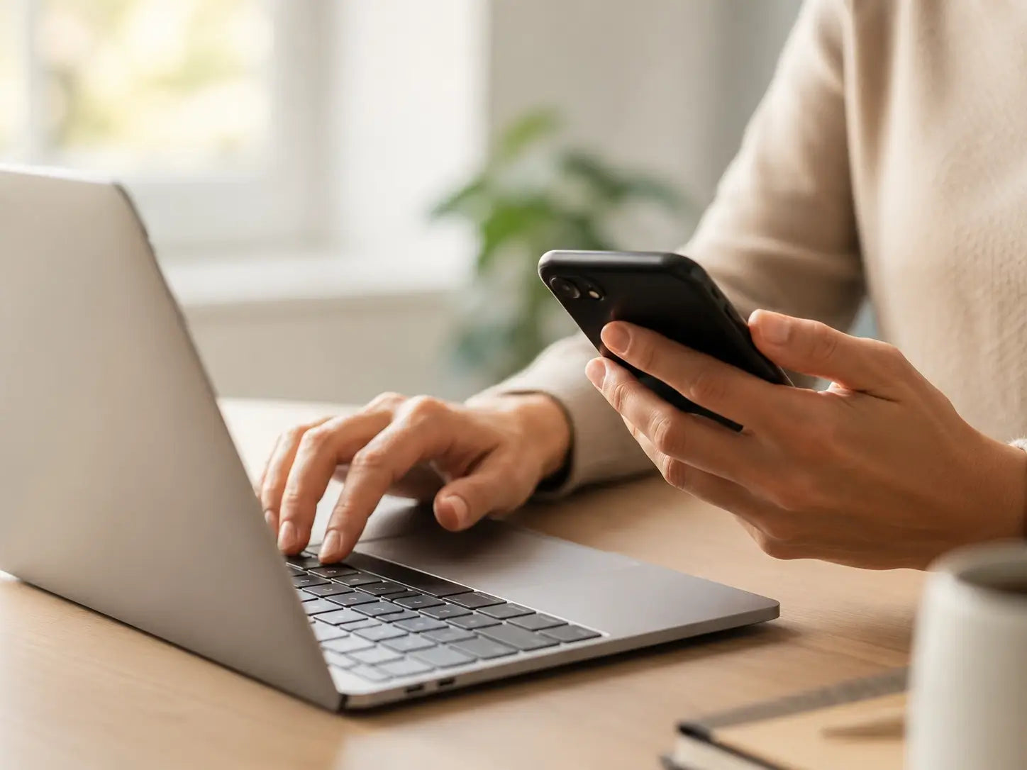Person using a laptop and smartphone on a desk with a blurred background