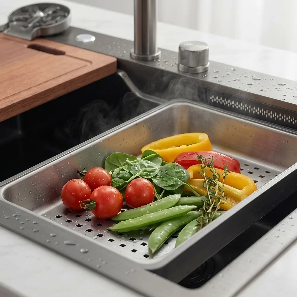 Vegetables in a stainless steel sink with steam rising, indicating cooking.