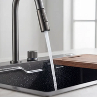 Kitchen sink with running water from a faucet, wooden cutting board on the counter.